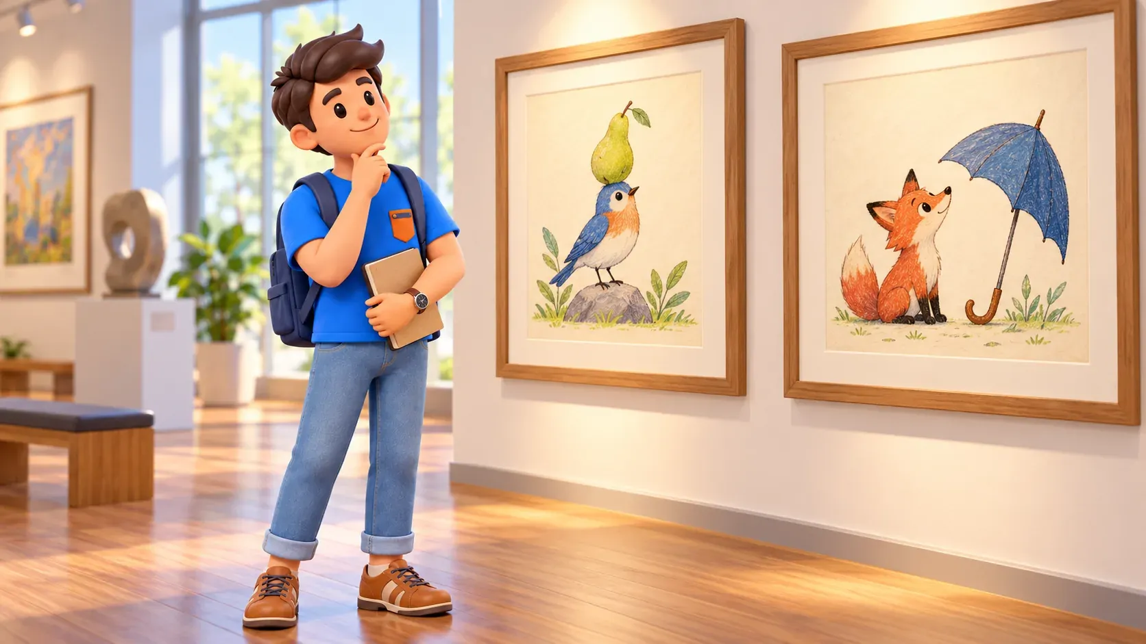 Voyageur illustré regardant des dessins imaginaires d’un oiseau avec une poire et d’un renard avec un parapluie