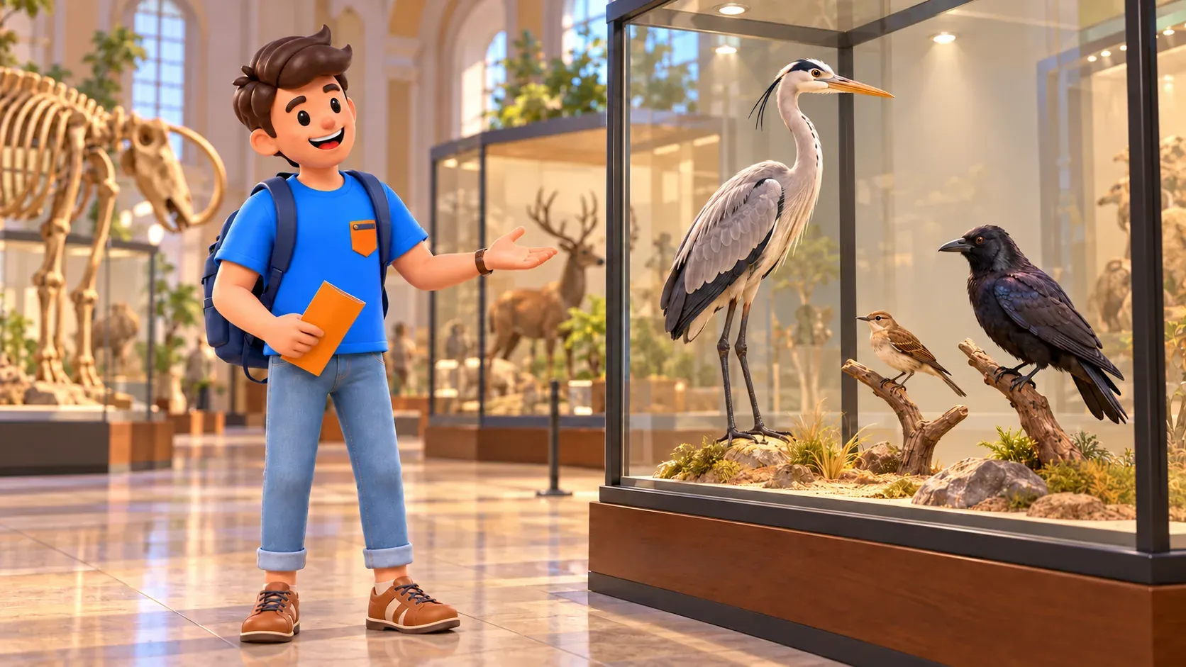 Voyageur illustré près d’une vitrine imaginaire d’histoire naturelle présentant trois oiseaux naturalisés