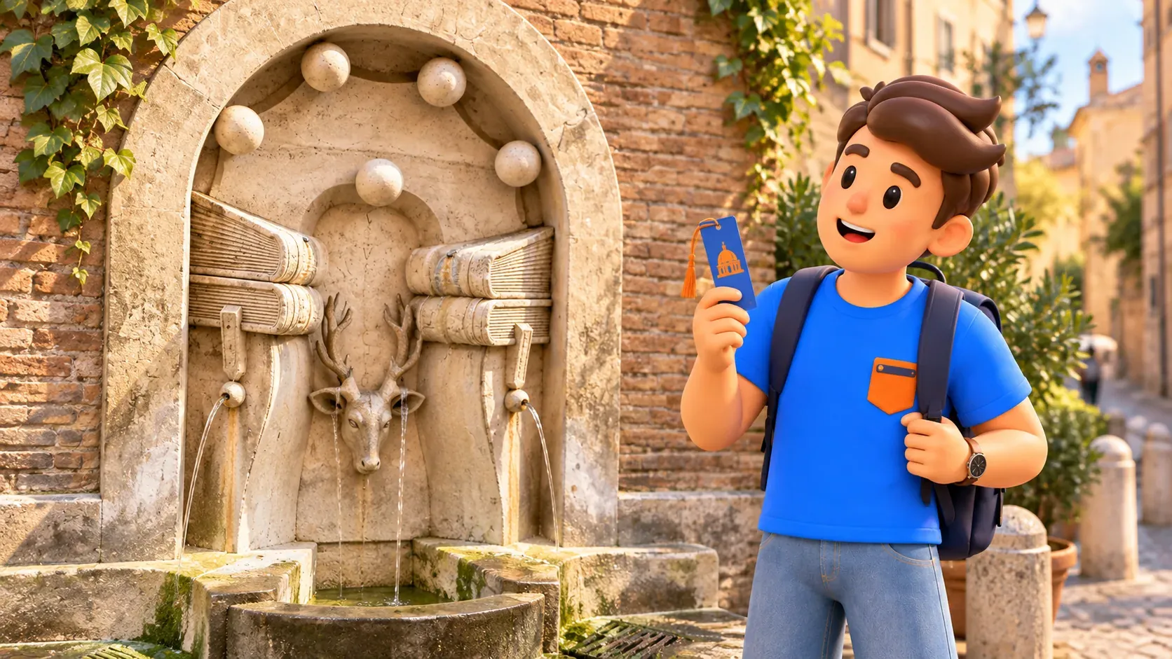A traveller with a paper bookmark observes the Books Fountain’s four volumes and deer’s head