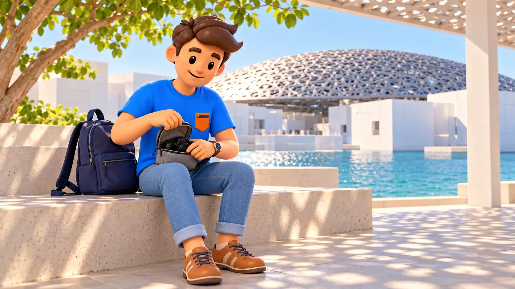 Der Reisende öffnet eine Kameratasche beim illustrierten Louvre Abu Dhabi