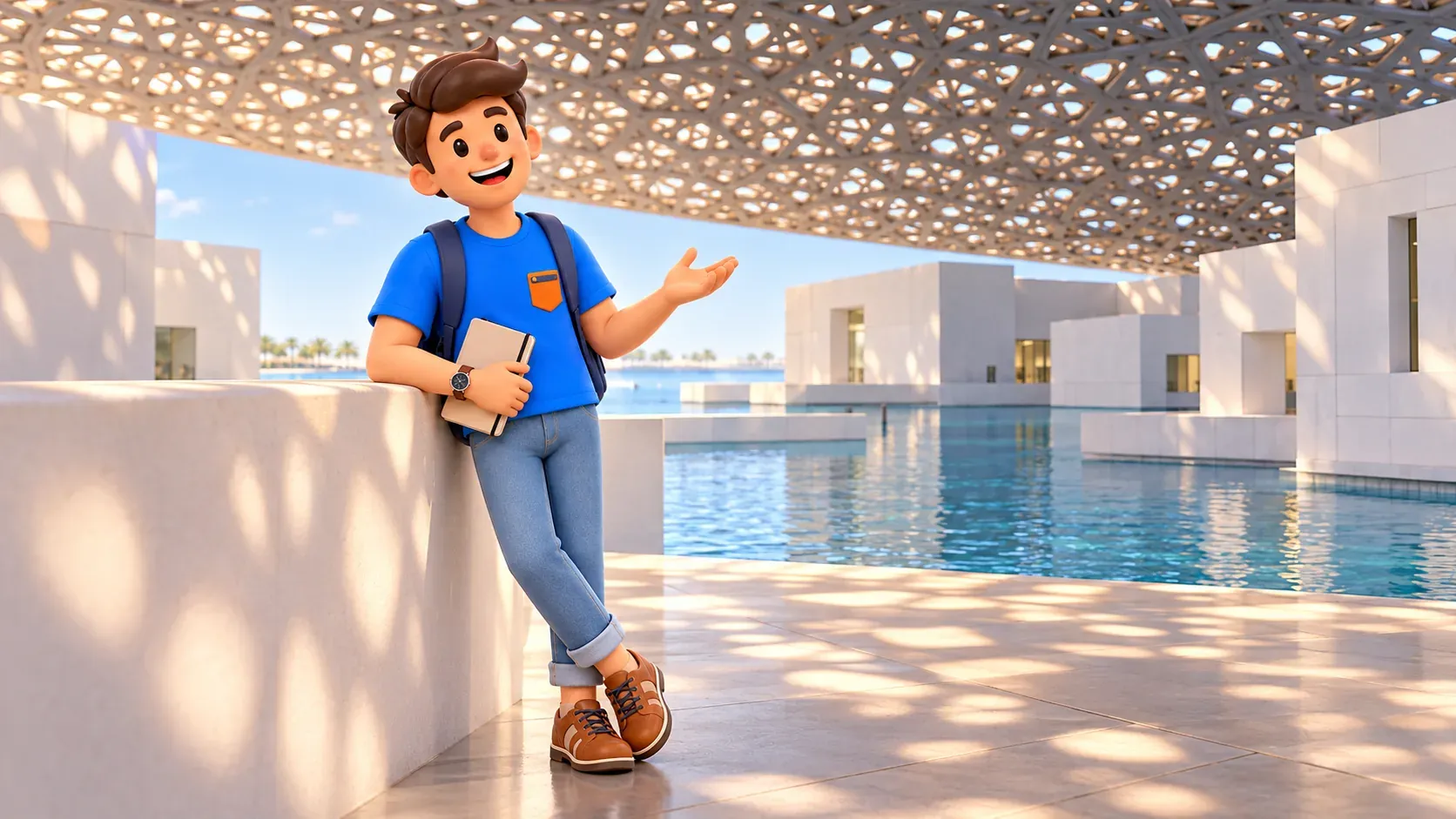 Un viajero con cuaderno bajo la cúpula ilustrada del Louvre Abu Dabi
