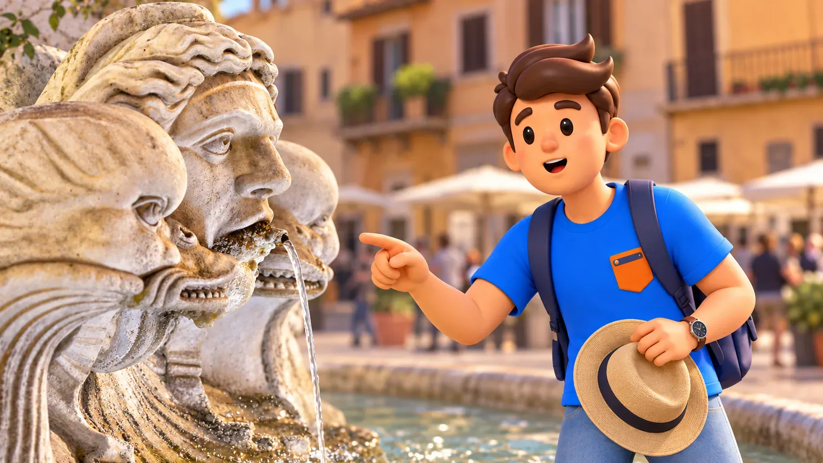 A traveller holding a hat observes the marine masks of Navona’s Fontana del Moro