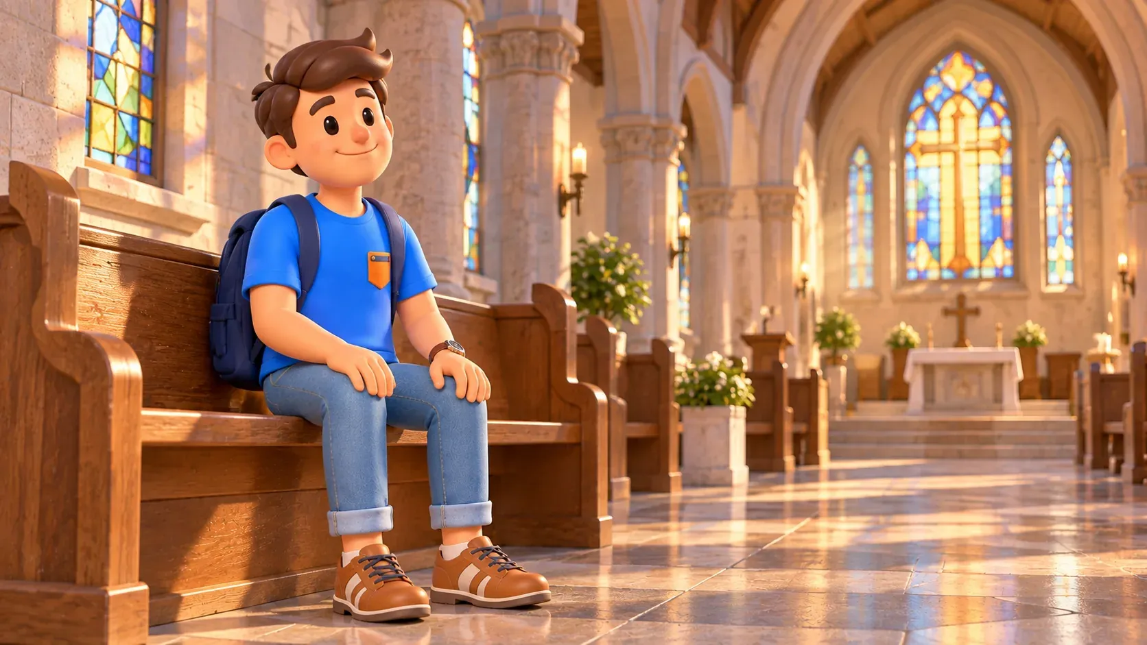 Ein Reisender betrachtet den Kircheninnenraum still von einer Bank aus.