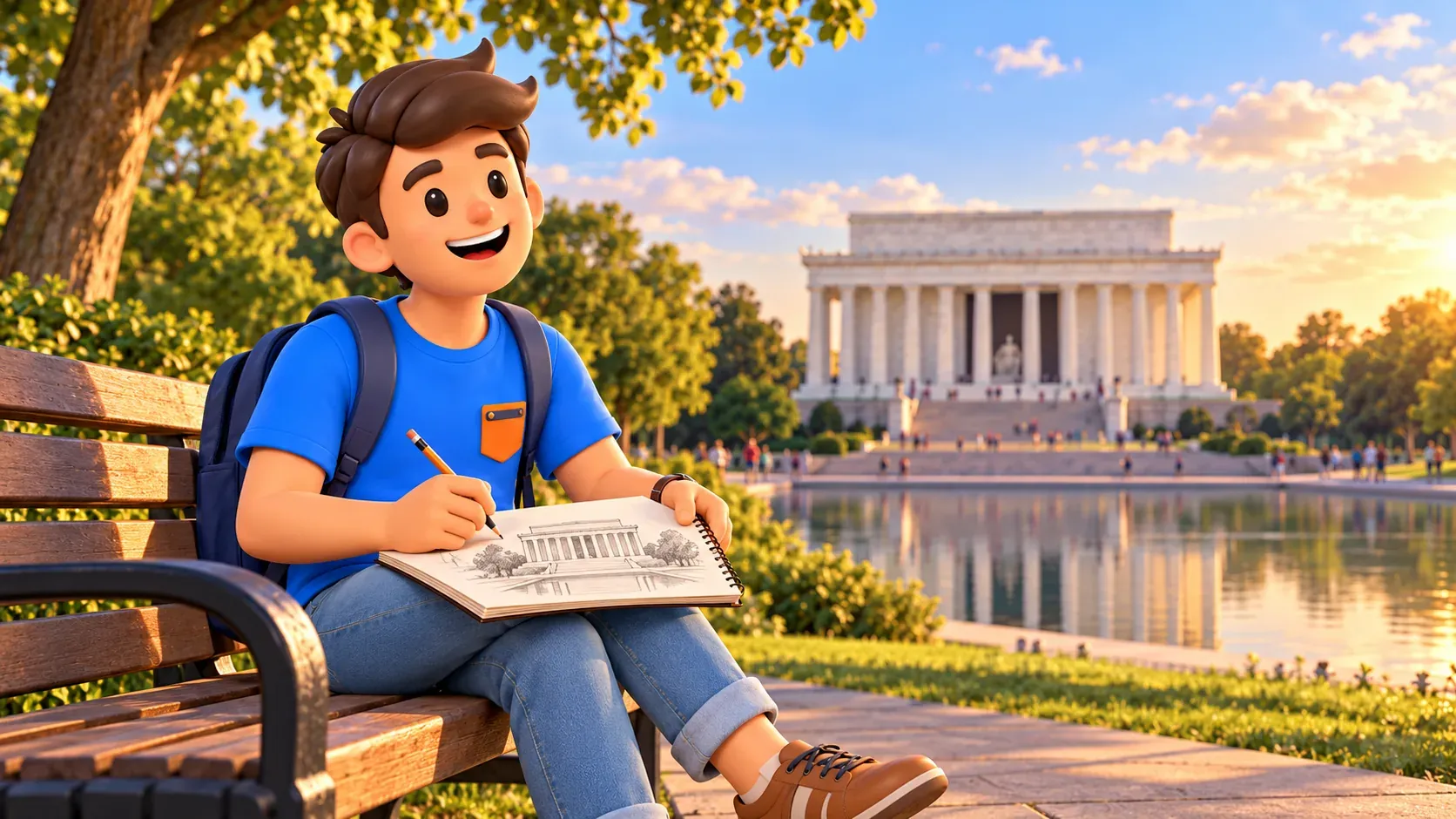 Illustration of a traveller sketching the Lincoln Memorial beside the Reflecting Pool.