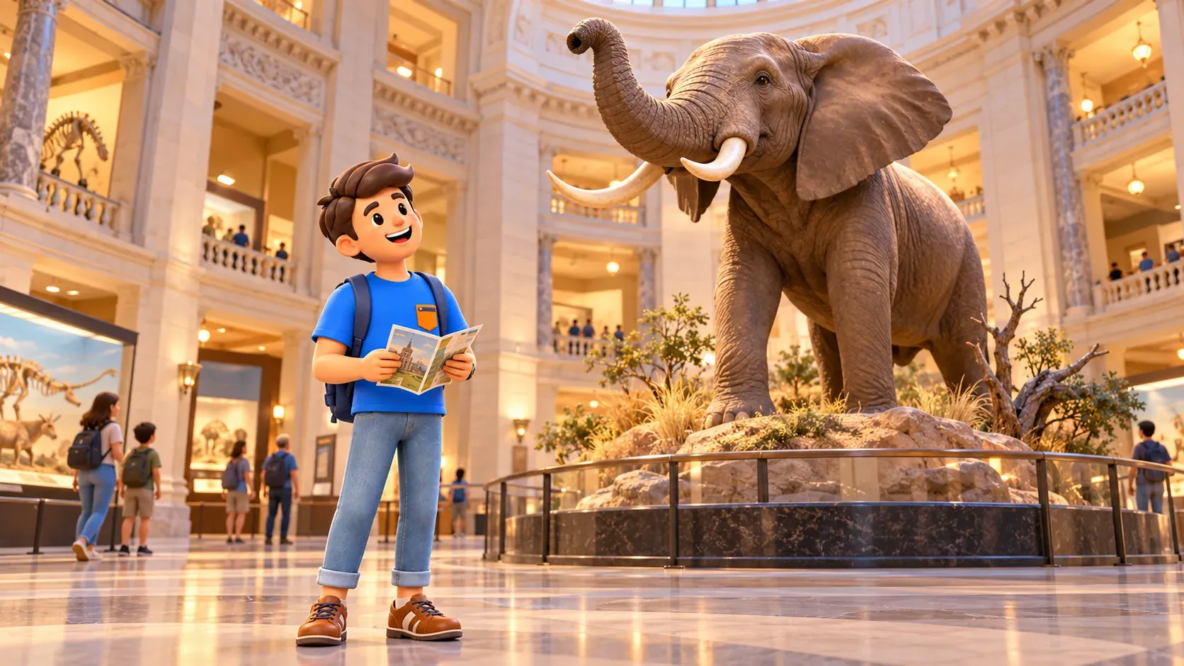 Illustration of a traveller looking at an elephant display in a museum rotunda.