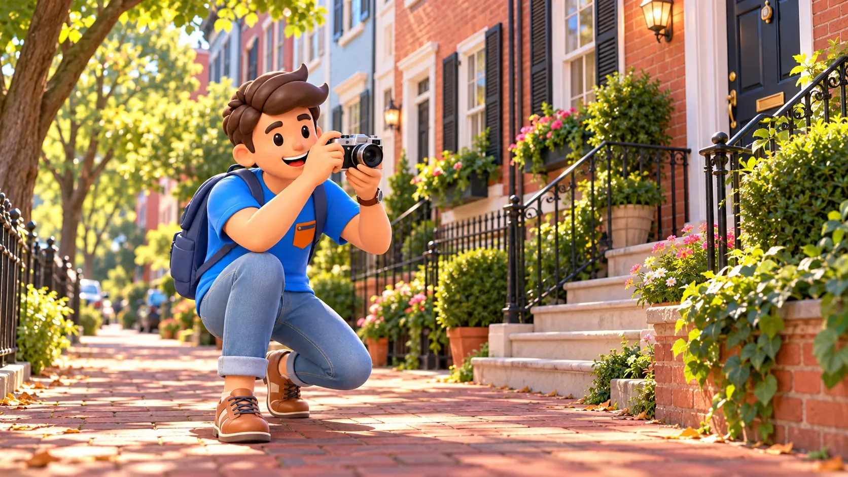 Illustration of a traveller photographing brick houses on a Georgetown street.