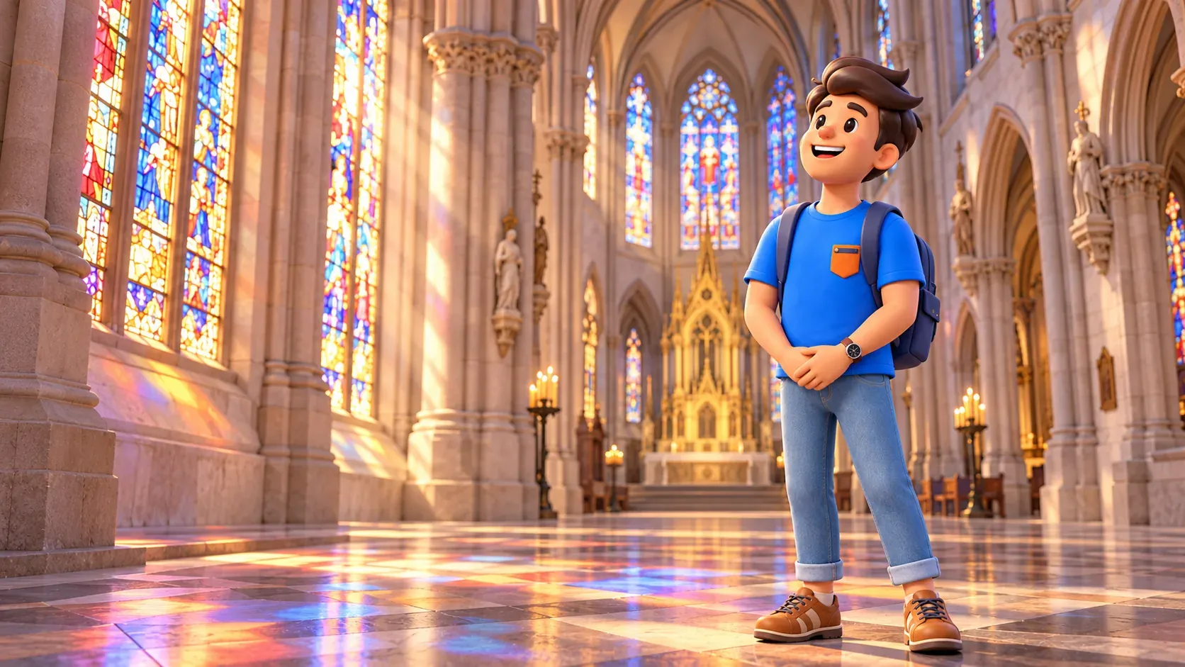 Illustrated traveller observing coloured light in an interpreted Gothic church interior