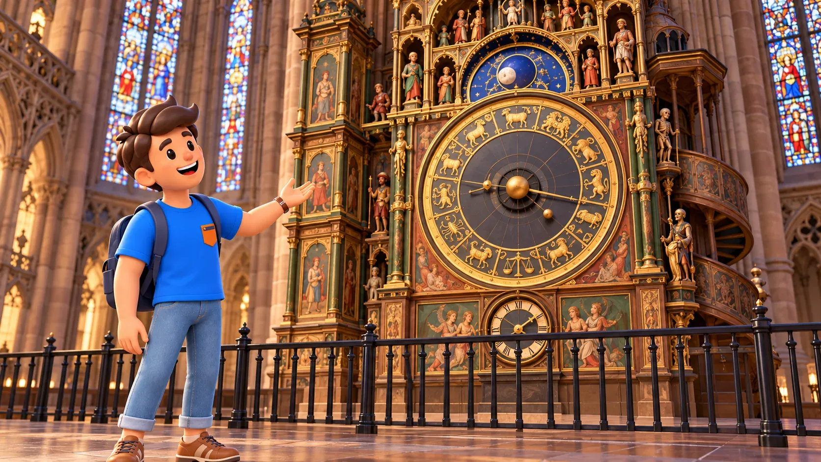 Illustrated traveller behind a railing viewing an interpretation of the astronomical clock and its large circular dial