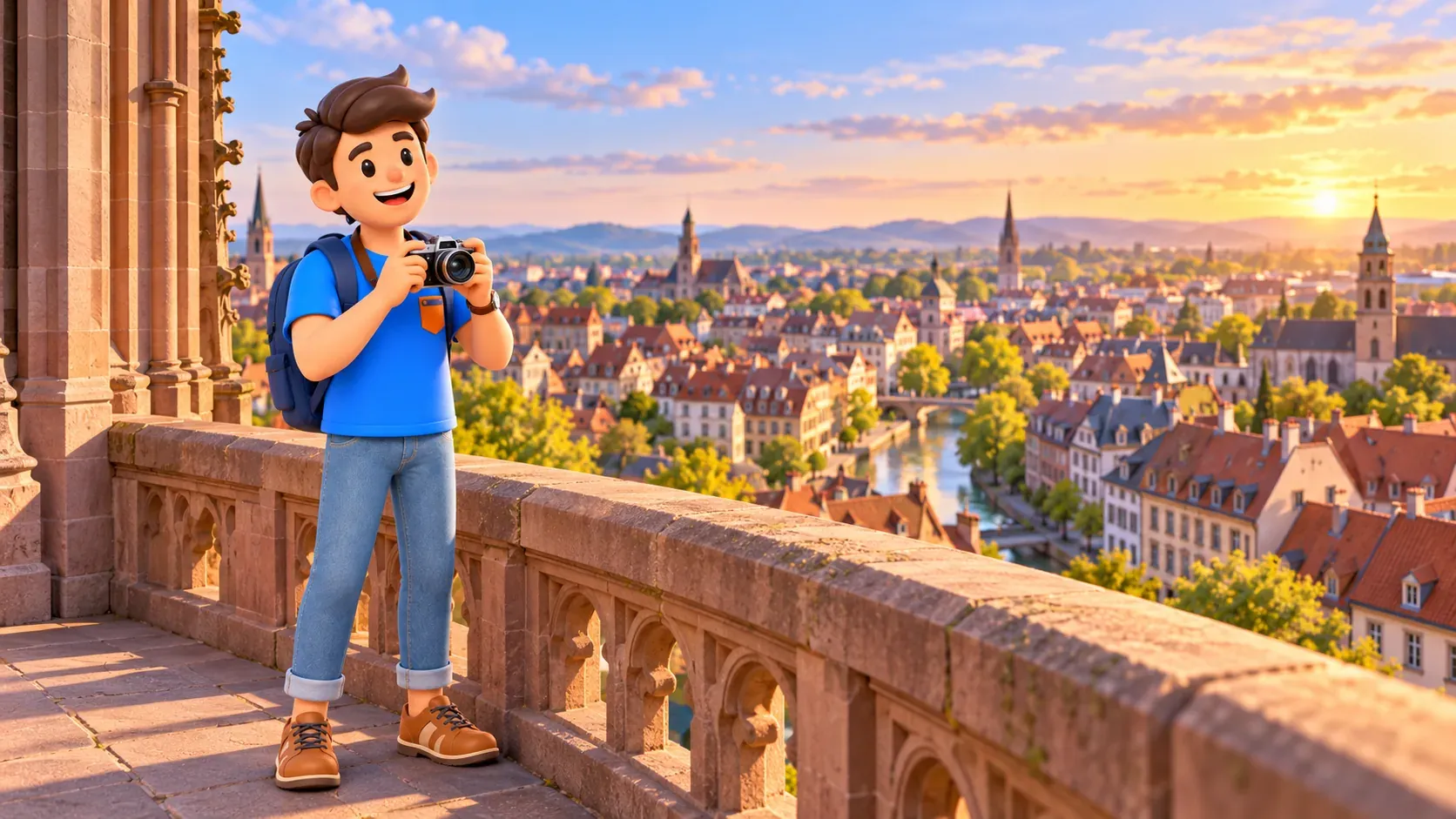 Illustrated traveller holding a camera safely inside a stone parapet above an interpreted city roofscape