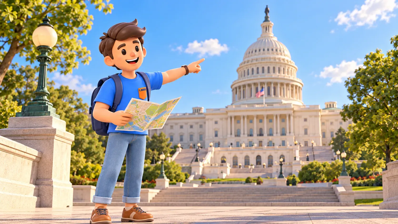 Illustration : un voyageur avec un plan montre le dôme du Capitole.