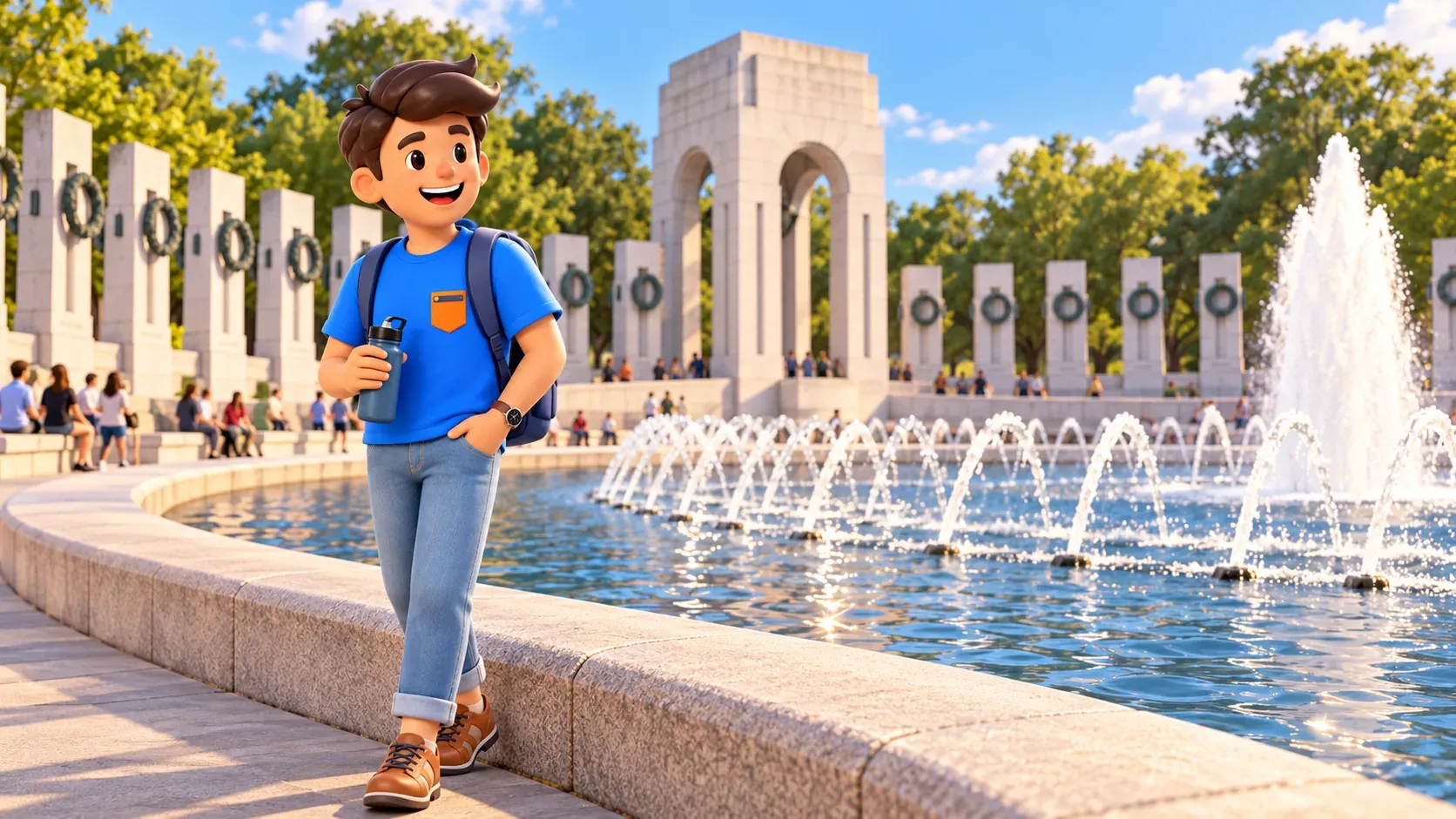 Illustration : un voyageur avec une gourde fait une pause au mémorial de la Seconde Guerre mondiale.