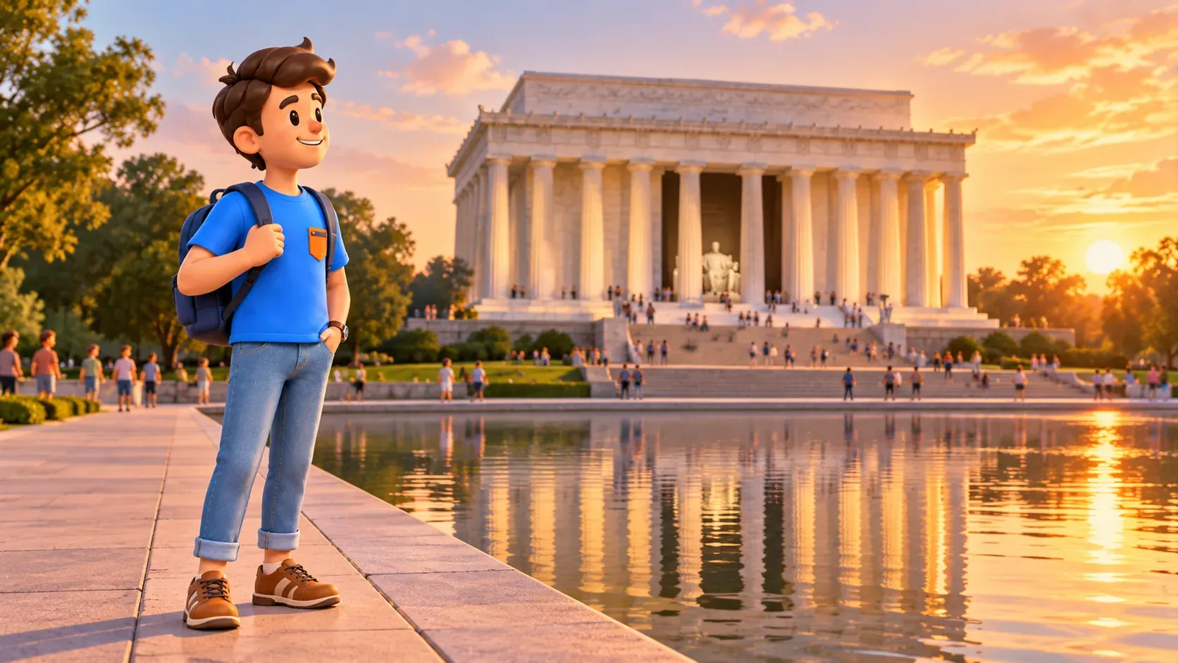 Illustration : un voyageur près du bassin réfléchissant et du Lincoln Memorial au coucher du soleil.