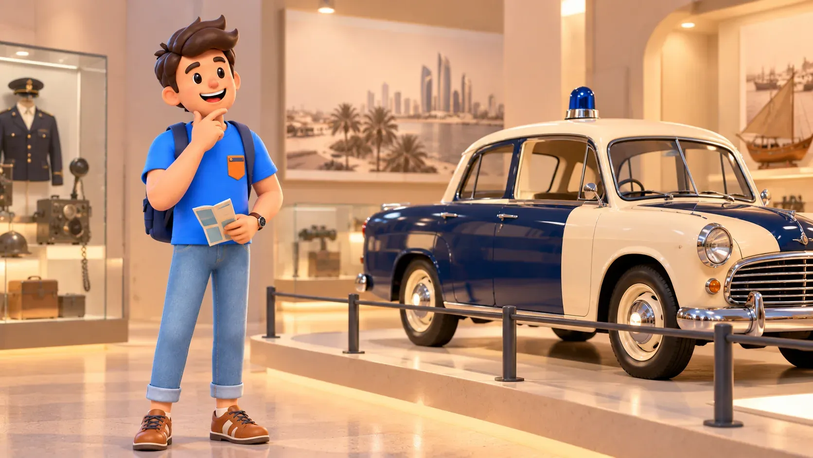 Un viajero observa un vehículo de servicio antiguo en una escena de museo ilustrada