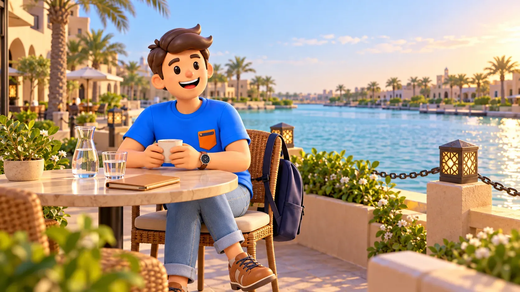 Un viajero descansa con una taza junto al canal, ilustración artística