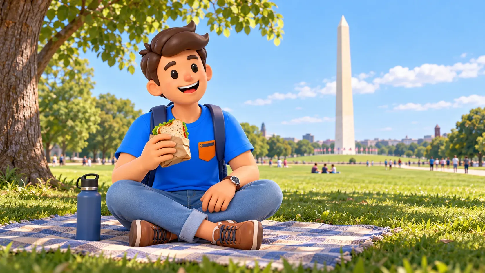 Illustration of a traveller taking a picnic break near the Washington Monument.