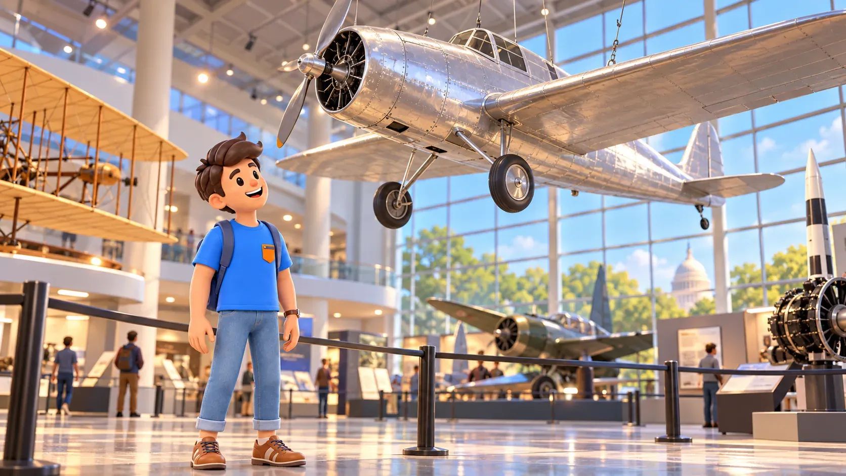 Illustration of a traveller admiring a historic aircraft in an aviation museum.