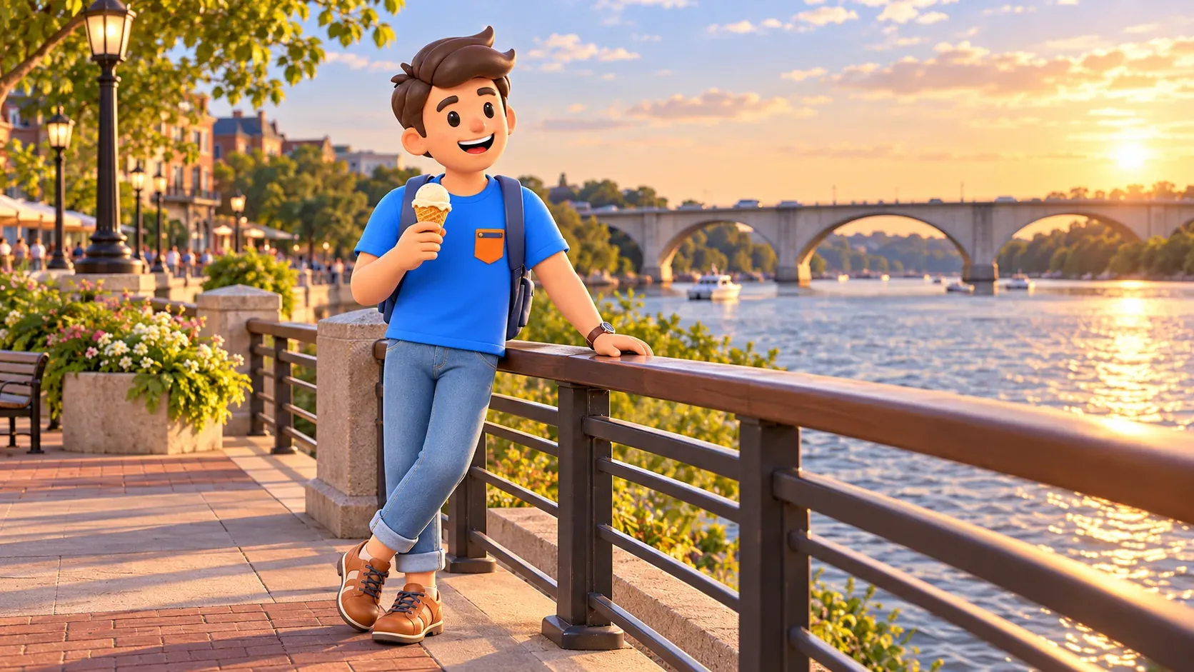 Illustration of a traveller with an ice cream beside the water in Georgetown.