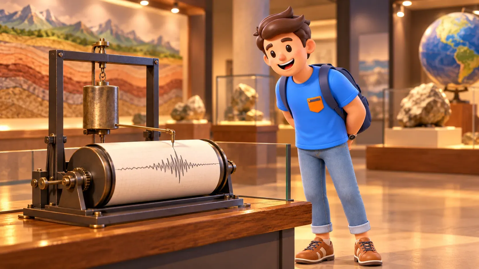 Illustrated traveller observing an imagined educational mechanical seismograph without touching it
