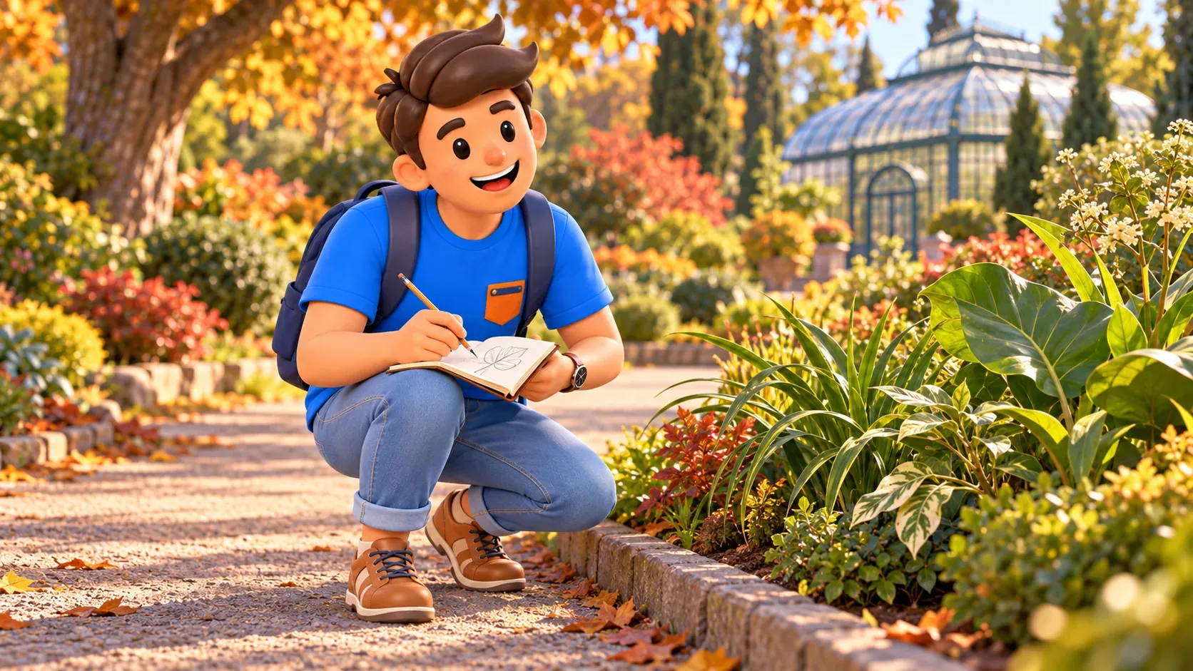 Illustrated traveller on a botanical garden path sketching leaf shapes without picking plants