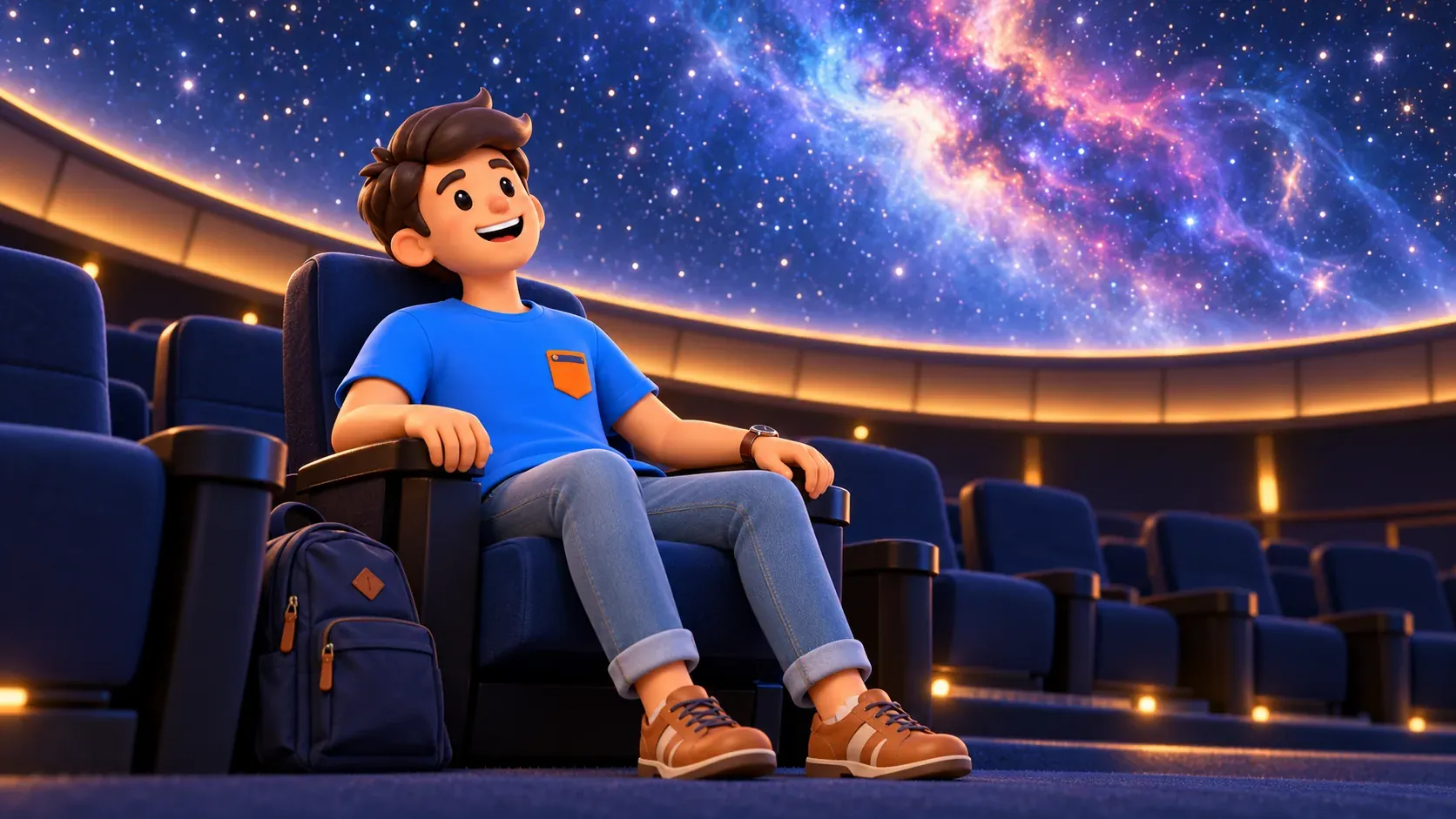 Illustrated traveller seated in an imagined planetarium watching an artistic projected star field