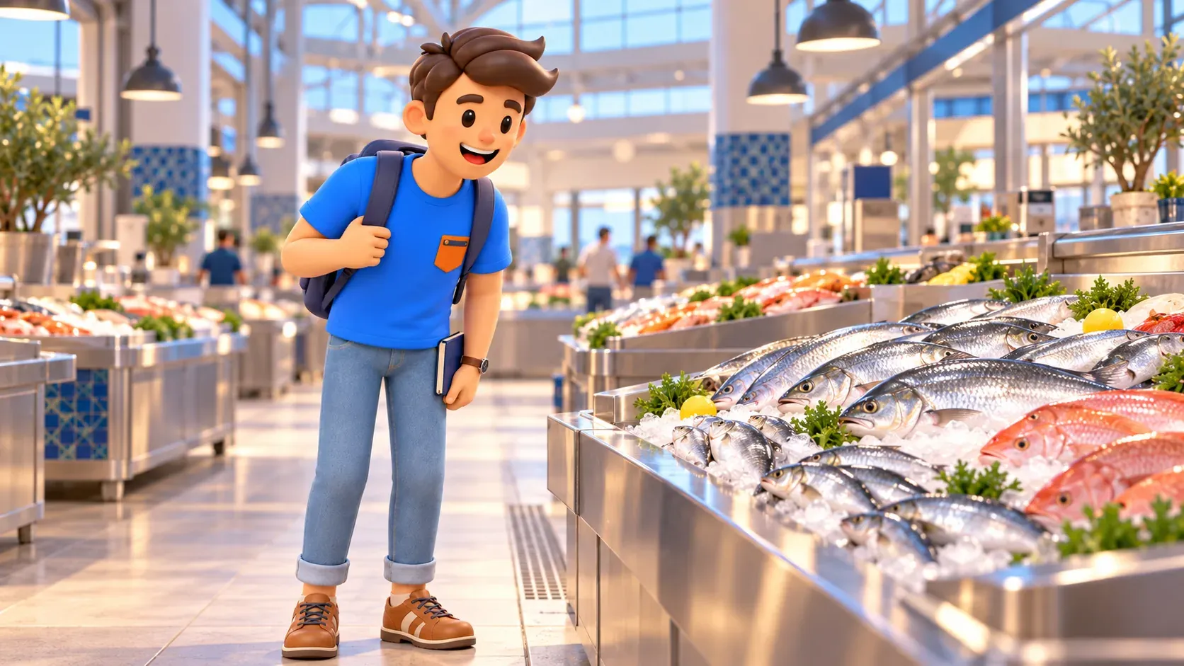 Un voyageur observe un étal de poissons dans une halle moderne illustrée
