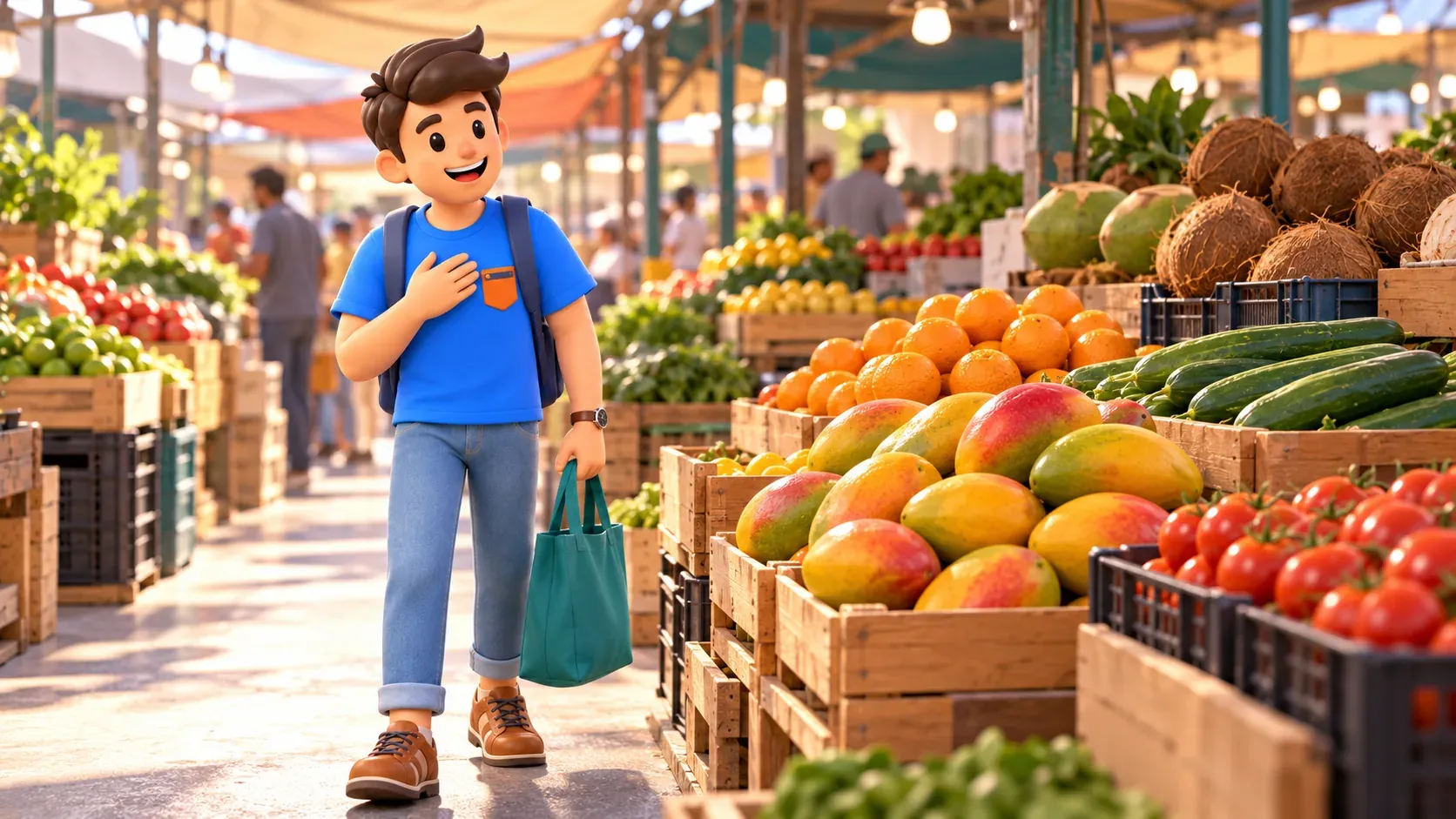 Le voyageur avec un sac observe fruits et légumes dans une illustration du marché Al Mina