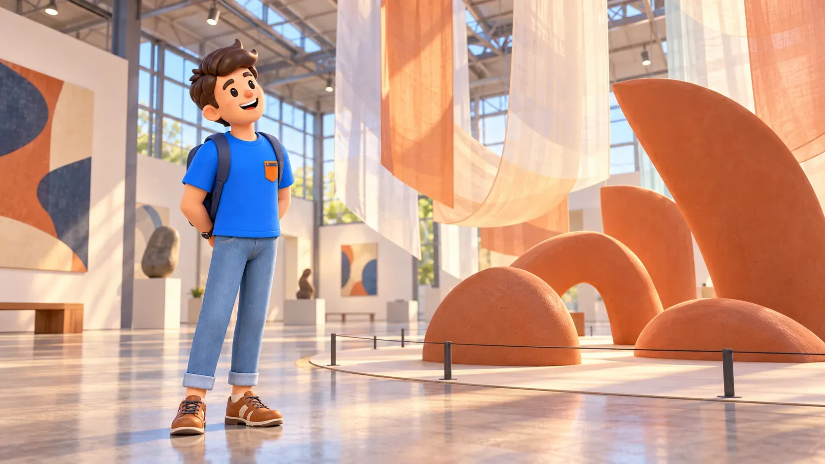 A traveller studies an illustrative contemporary installation in a spacious exhibition room