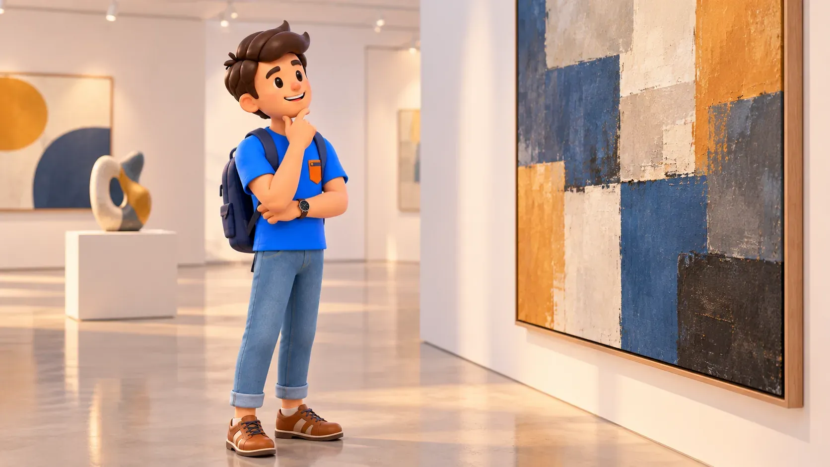 A traveller considers an illustrative abstract artwork in an intimate contemporary gallery