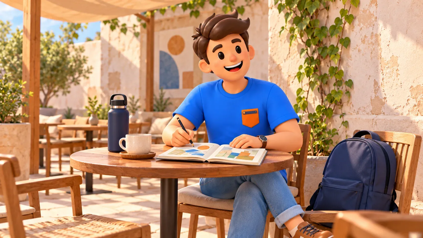 A traveller sketches impressions after exhibitions at a shaded courtyard table