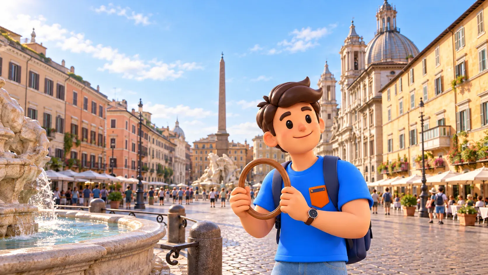 Ein Reisender mit einem kleinen Holzoval betrachtet die langgezogene Piazza Navona