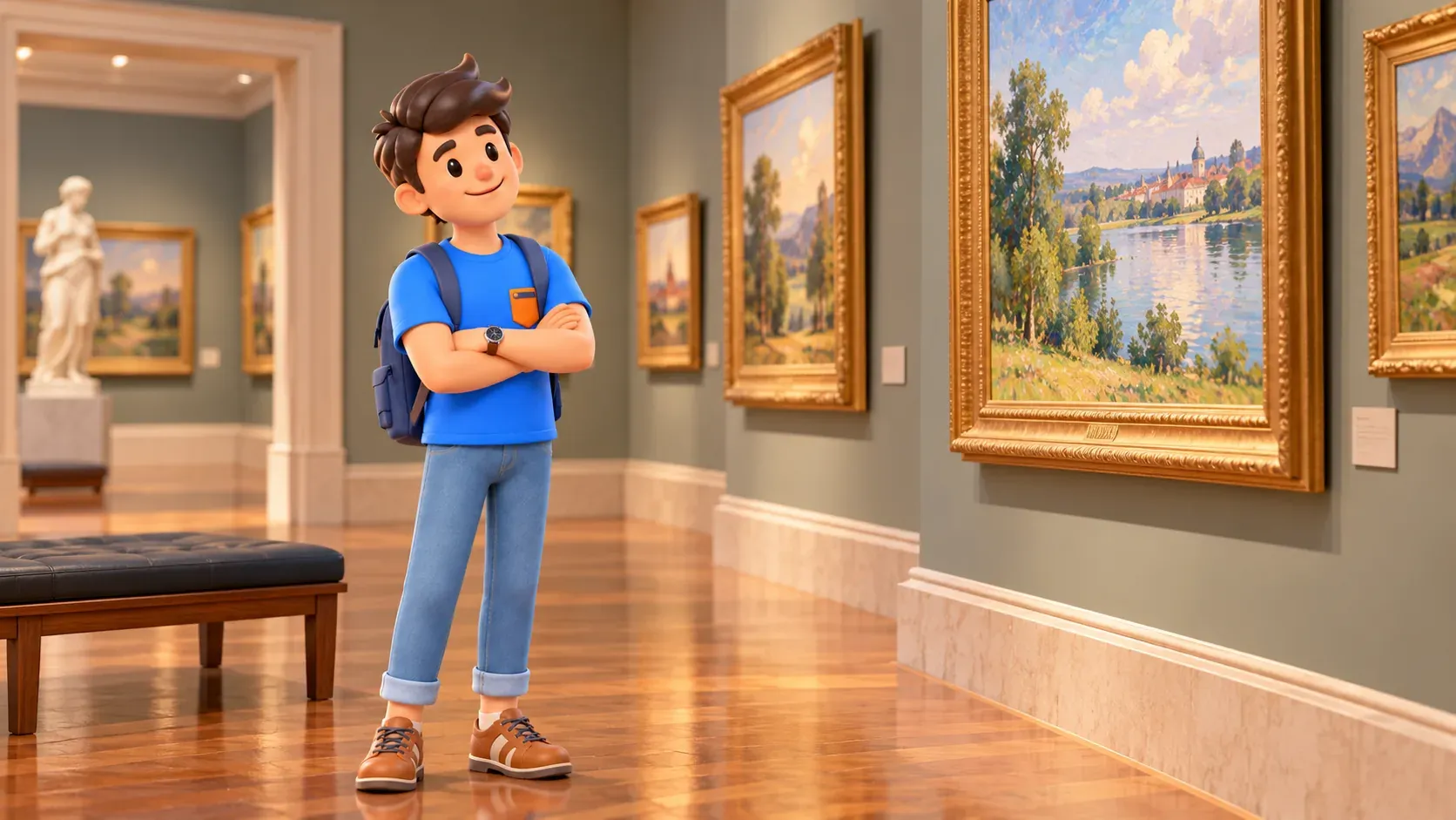 Illustration : un voyageur observe des paysages dans une galerie d’art.