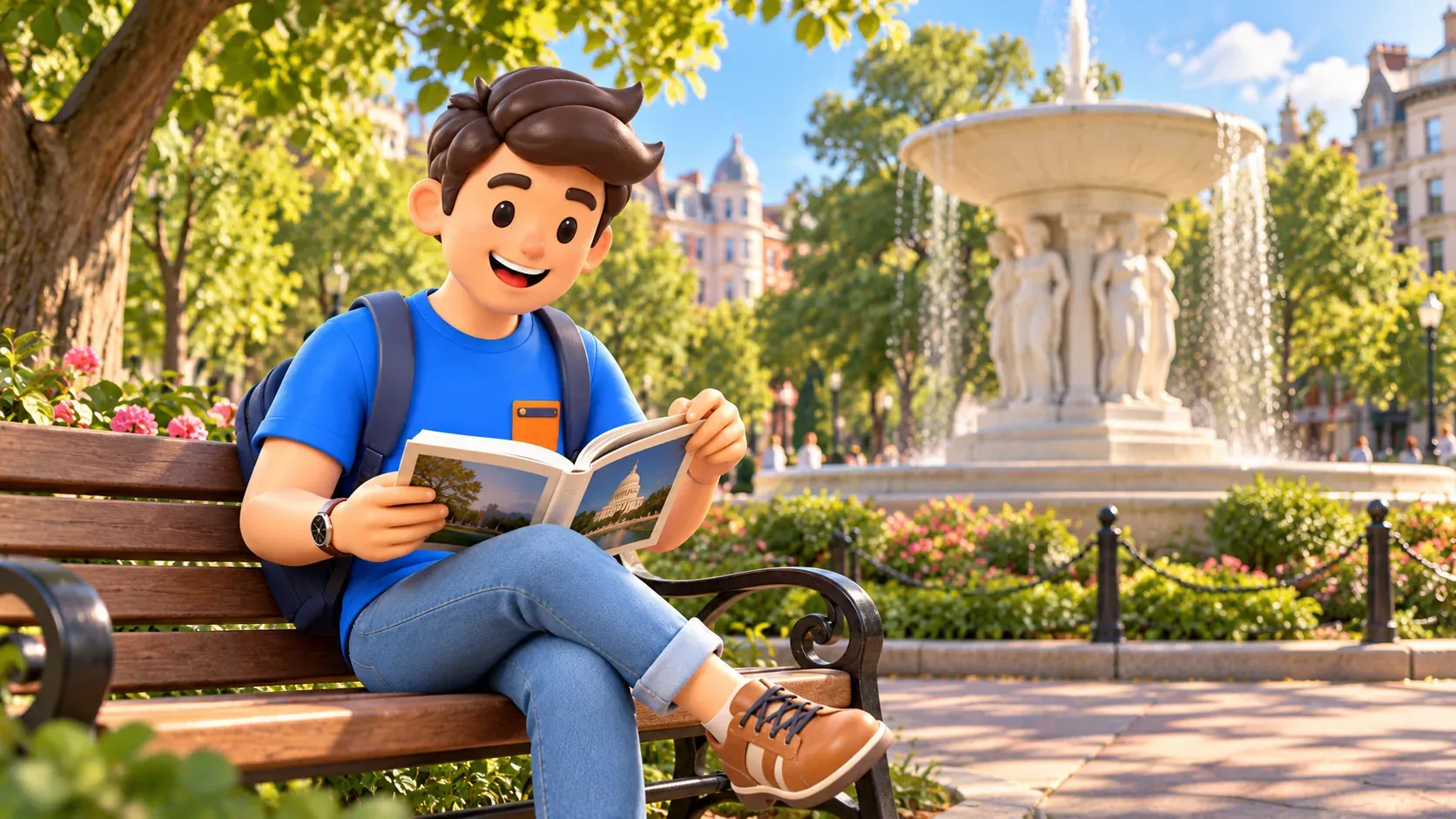Illustration : un voyageur lit un livre d’art près de la fontaine de Dupont Circle.