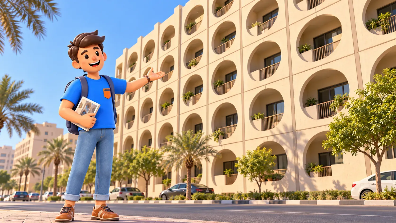 A traveller studies the circular facade screens of an illustrated Obeid Al-Mazru'i building