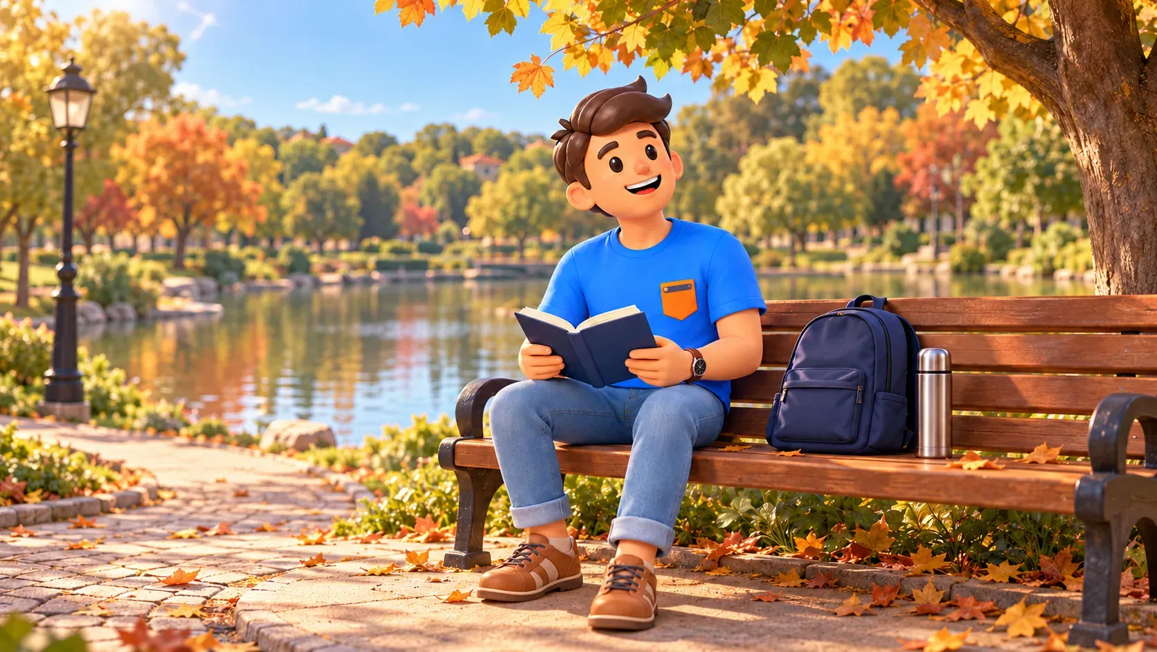Illustrated traveller resting with a book on a park bench, thermos and single backpack beside him