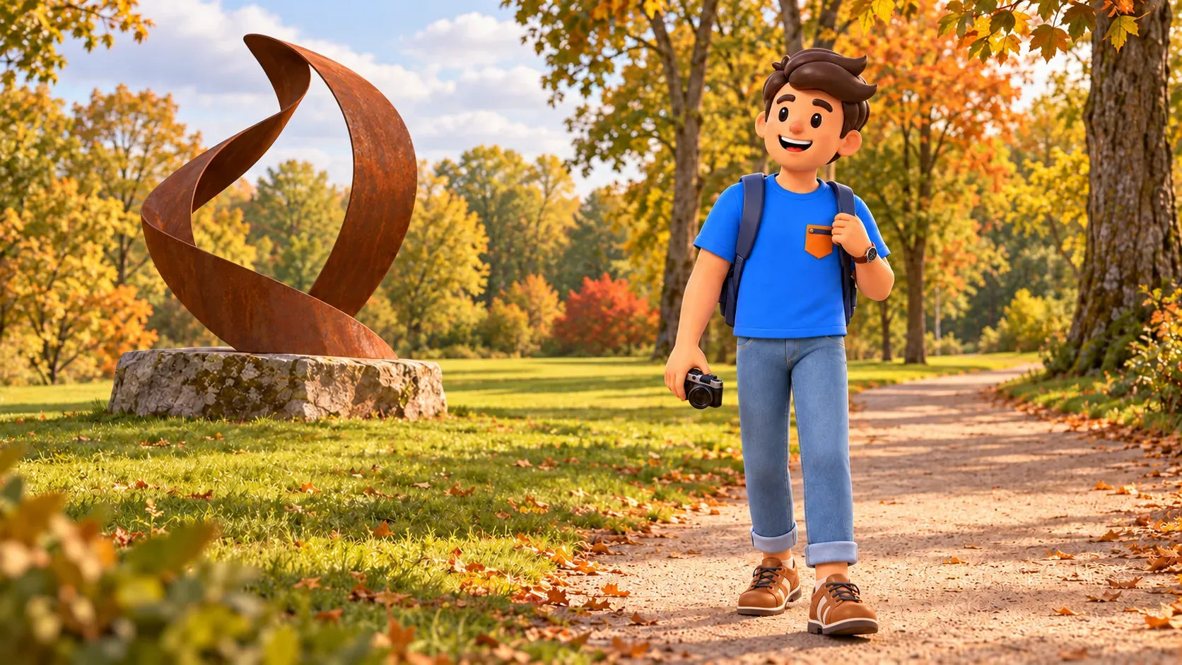 Illustrated traveller viewing an invented abstract sculpture between trees and lawn in an imagined park scene