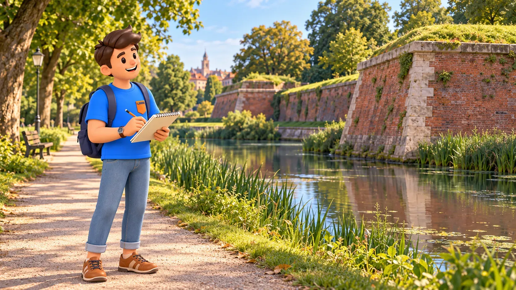 Illustrated traveller sketching the line of an interpreted brick bastion wall and former moat from a path