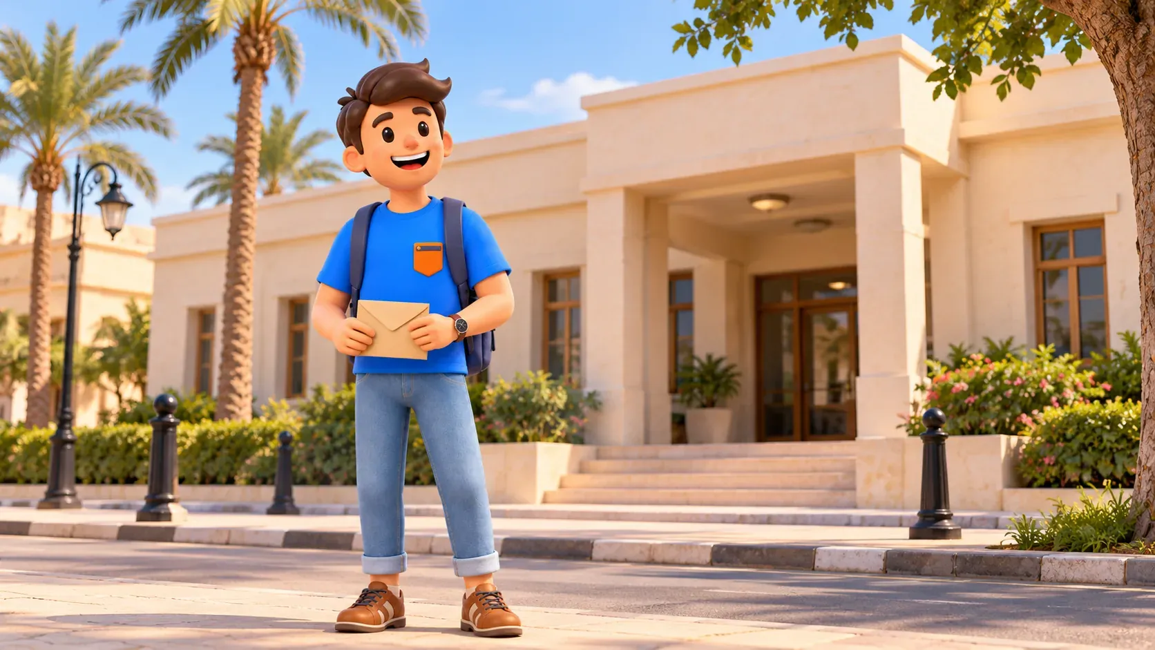 Le voyageur avec une enveloppe près d'un bâtiment postal bas de Khalidiya illustré