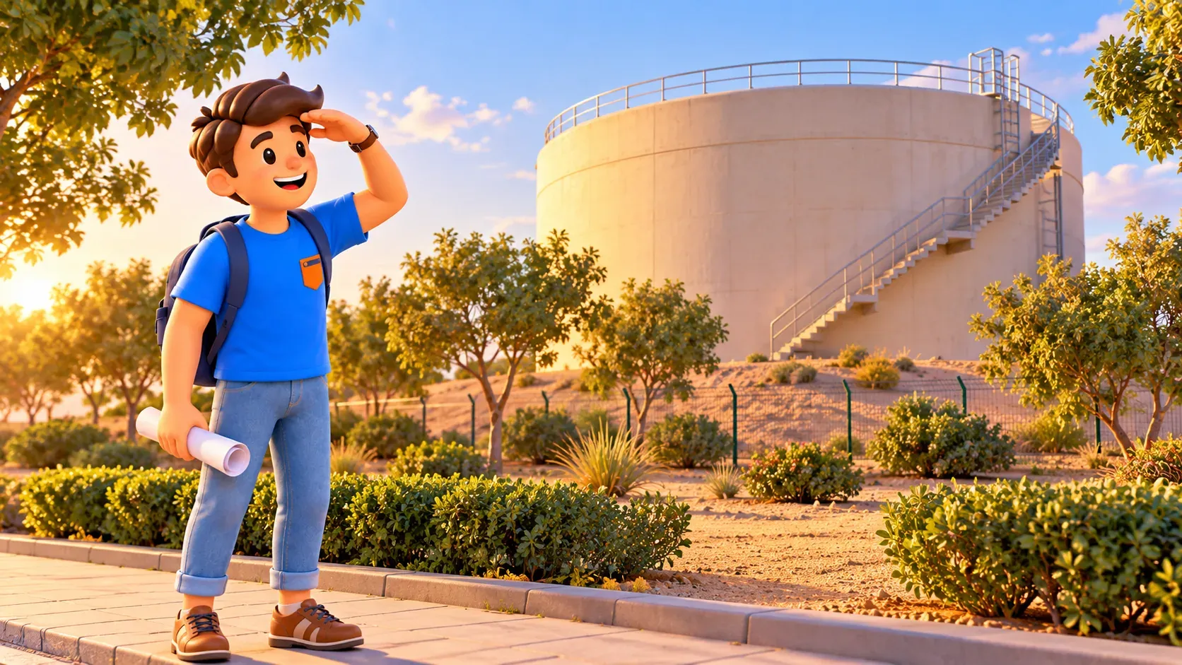 Le voyageur observe depuis un chemin public une représentation artistique du réservoir cylindrique Niqa Bin Ateej