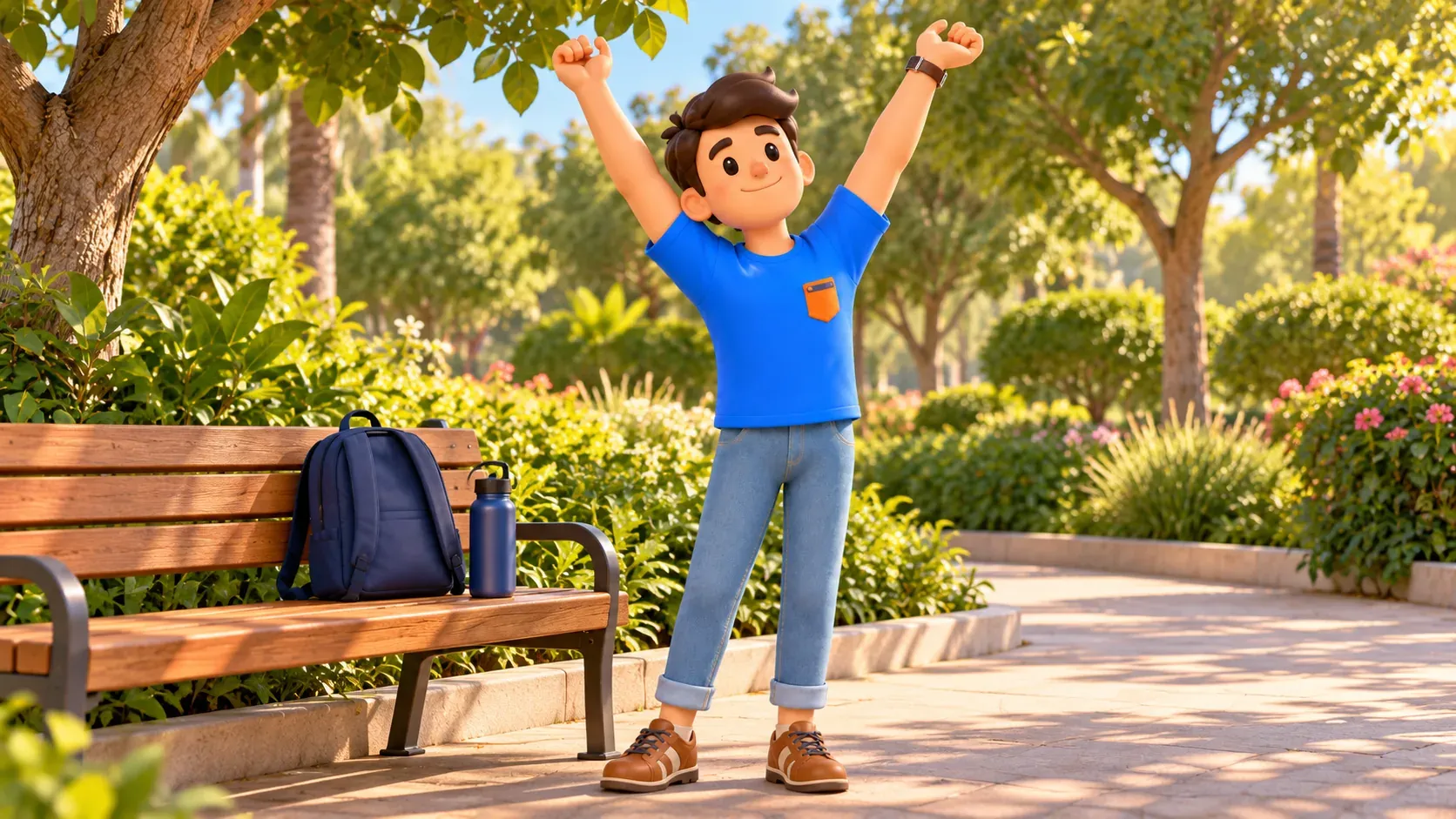 Un voyageur s'étire pendant une pause dans un jardin inspiré du parc Khalidiya
