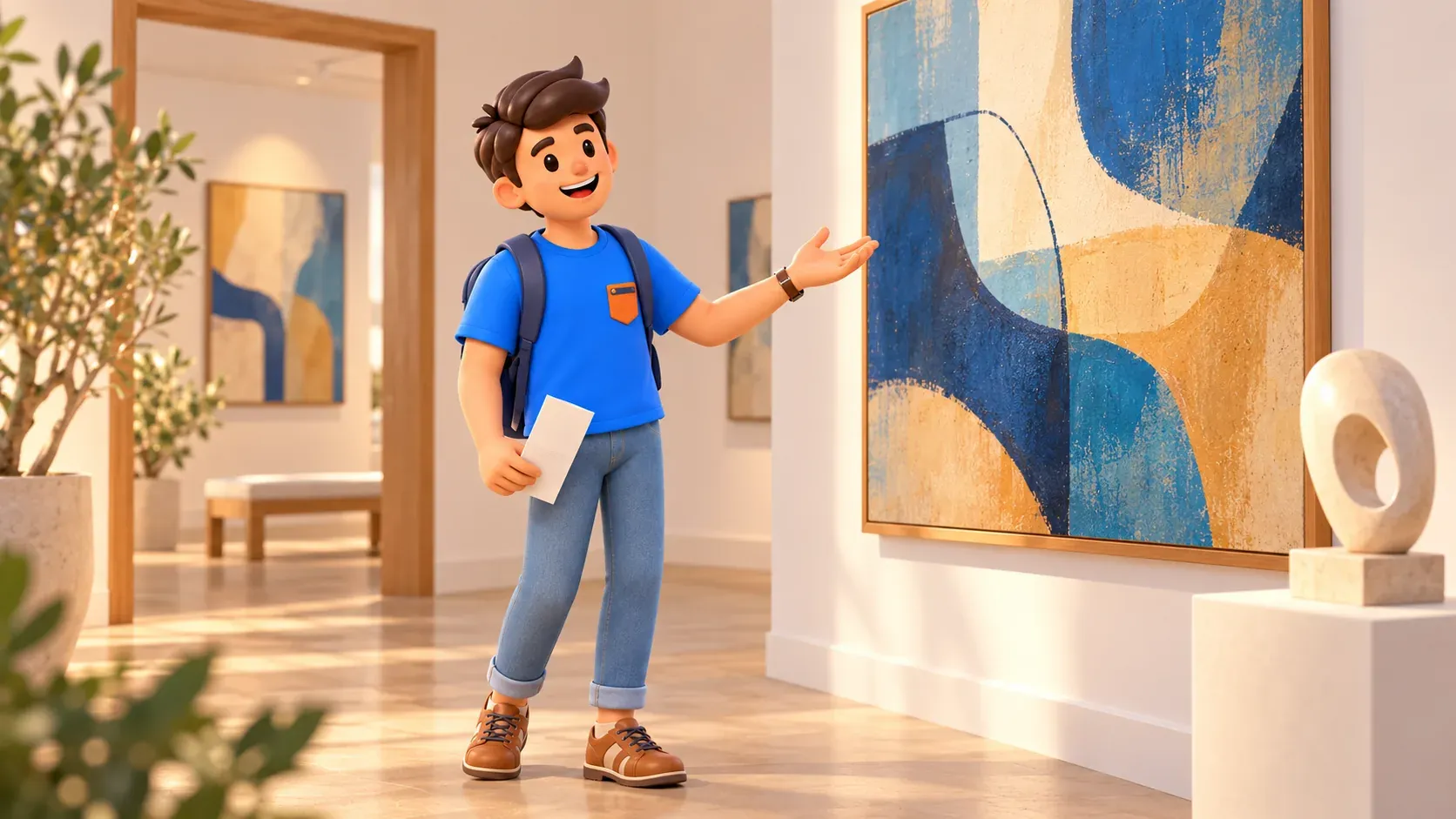 Un voyageur regarde une œuvre abstraite imaginaire dans une galerie intime inspirée d’une villa
