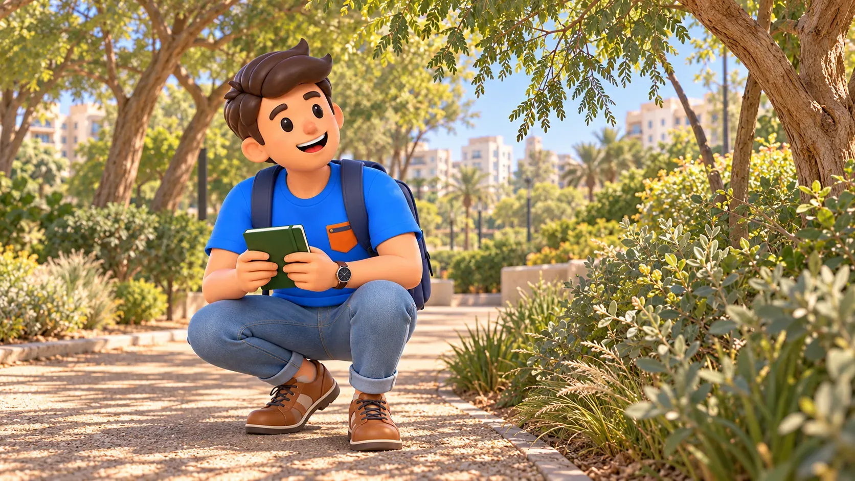 Un voyageur observe les plantes et les ombres dans une scène illustrée du parc Al Fay