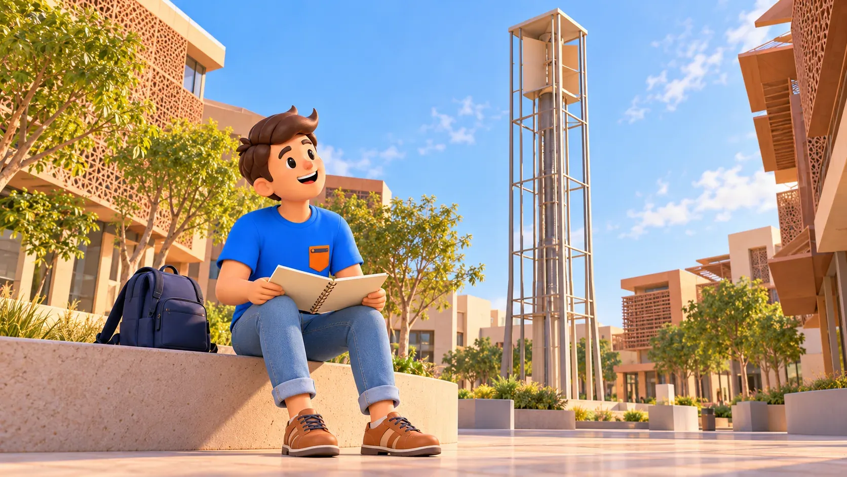 El viajero con cuaderno observa una torre de viento ilustrada de Masdar