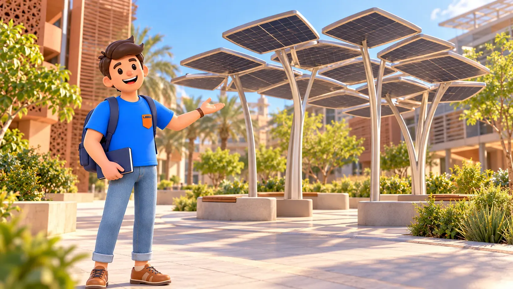 Un viajero junto a una interpretación artística de la cubierta solar baja Solar Tree de Masdar