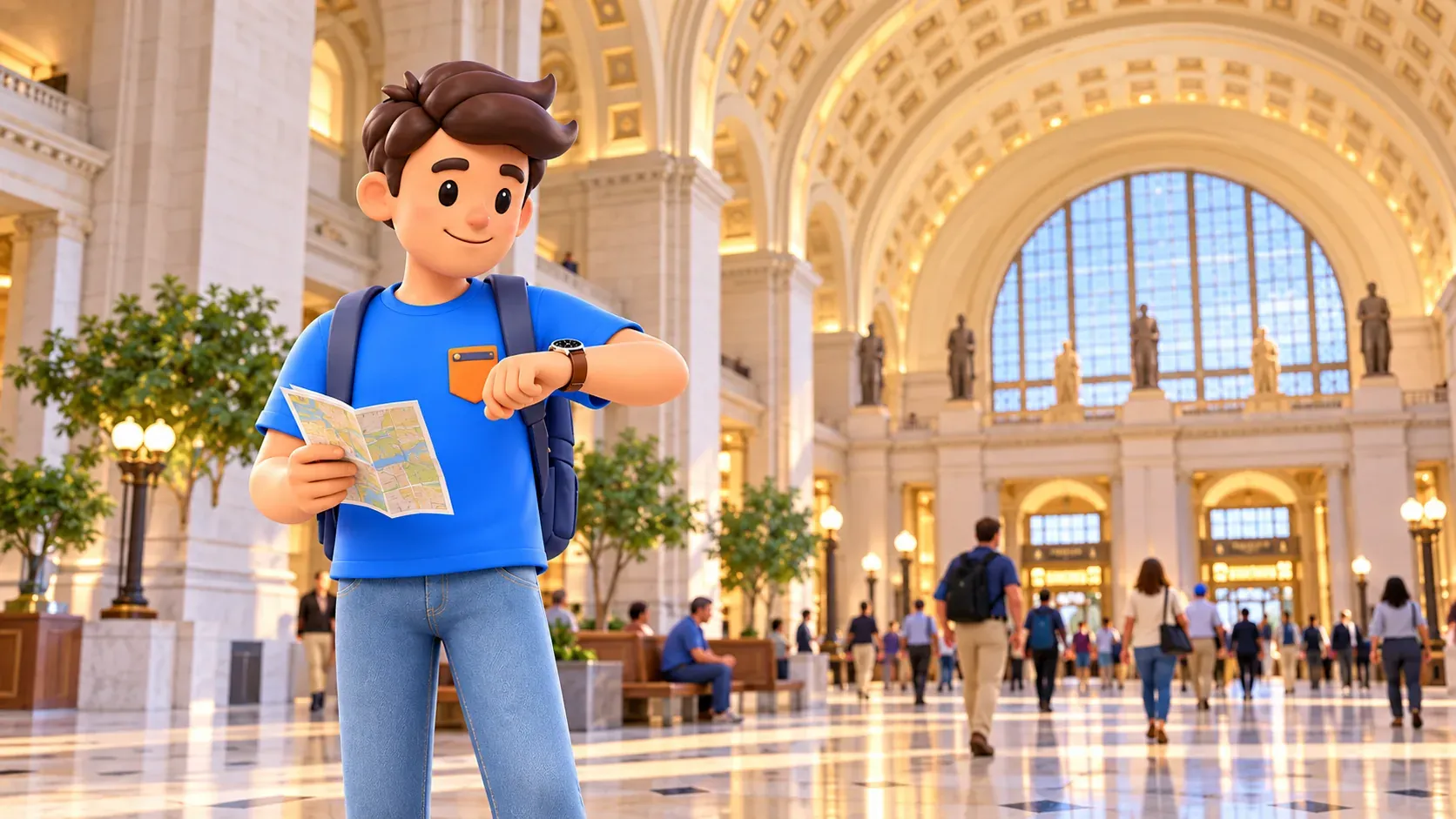 Illustration: Reisender prüft die Uhrzeit in der Haupthalle der Union Station.