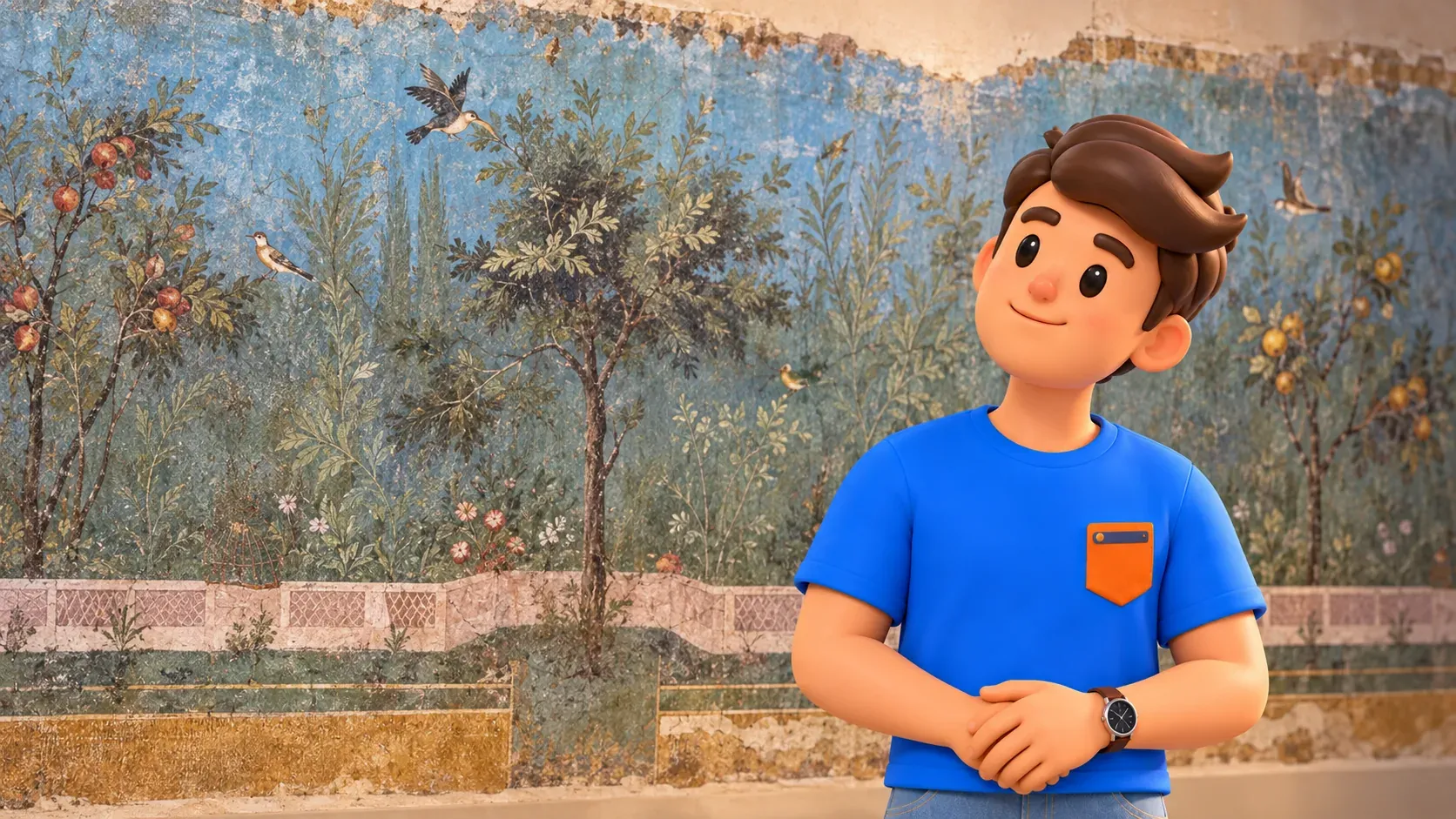 A traveller studies the birds and fruit in the painted garden from Livia’s villa at Palazzo Massimo