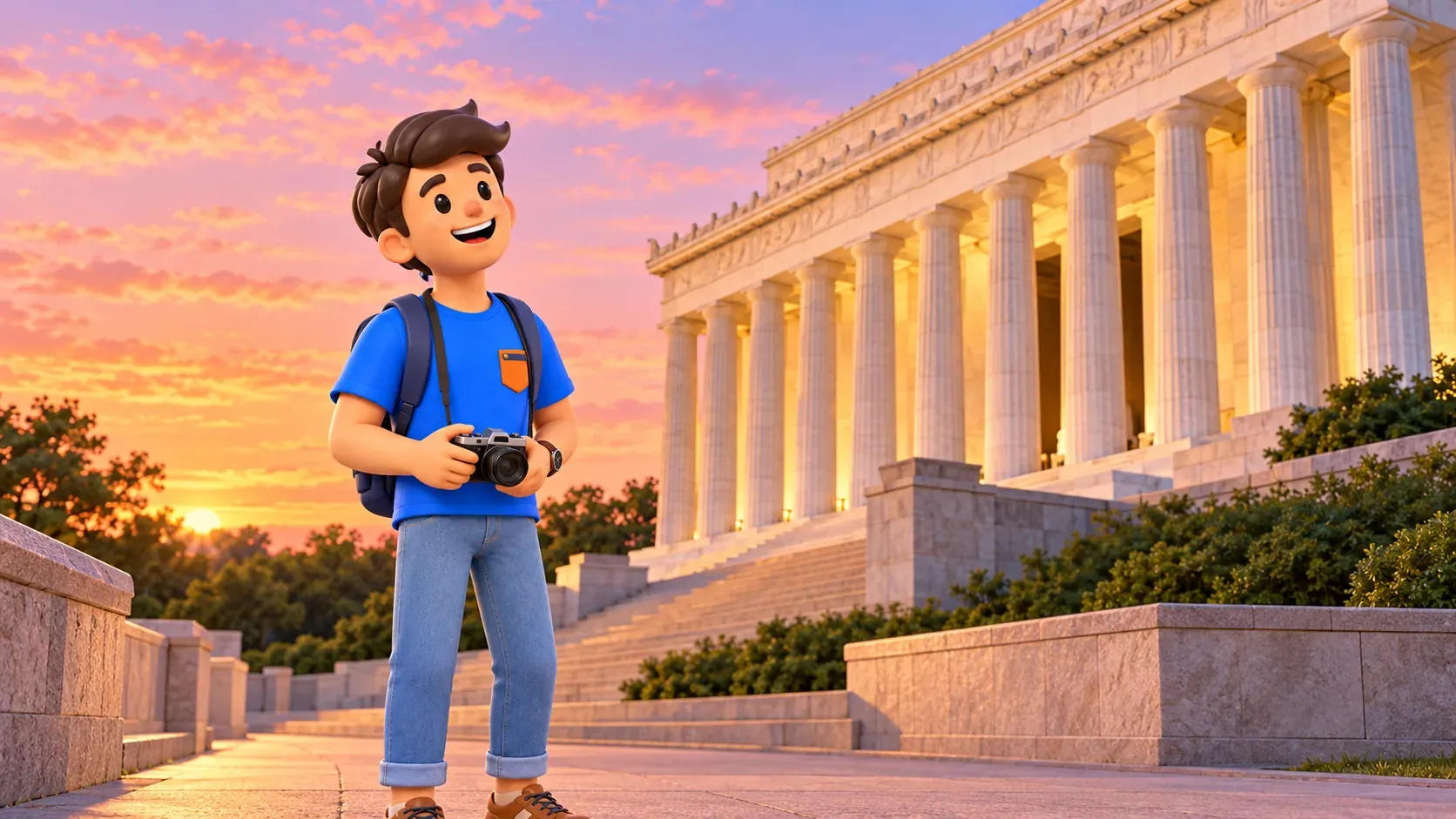 Illustration: Reisender betrachtet die Säulen des Lincoln Memorial.