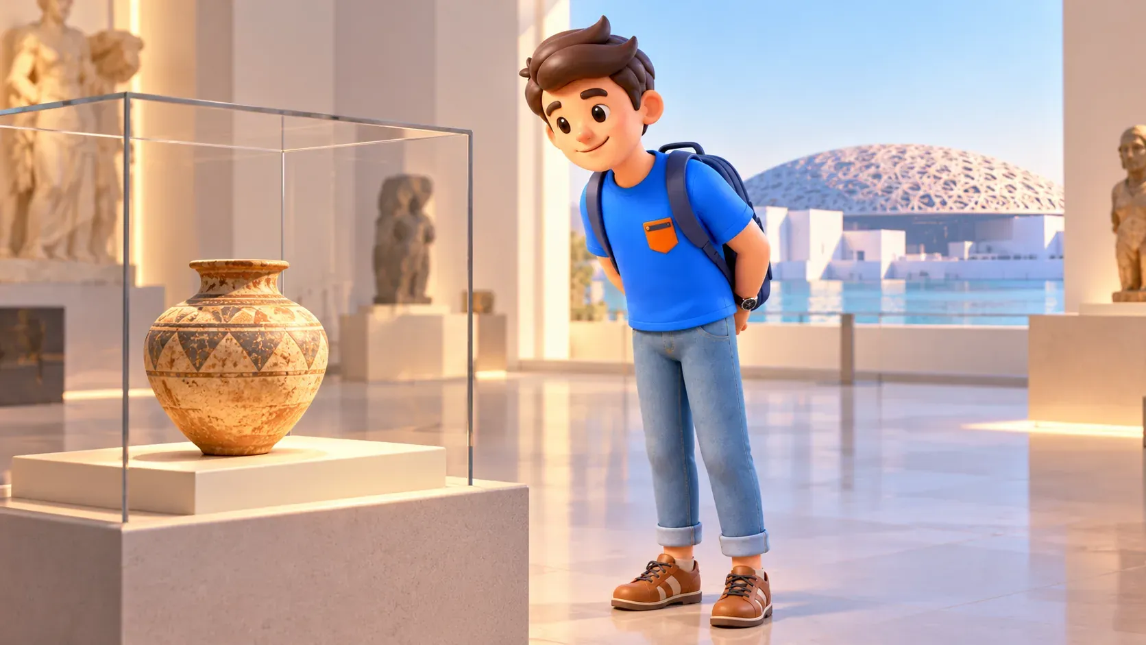 Ein Reisender betrachtet ein Gefäß in einer illustrierten Museumsgalerie