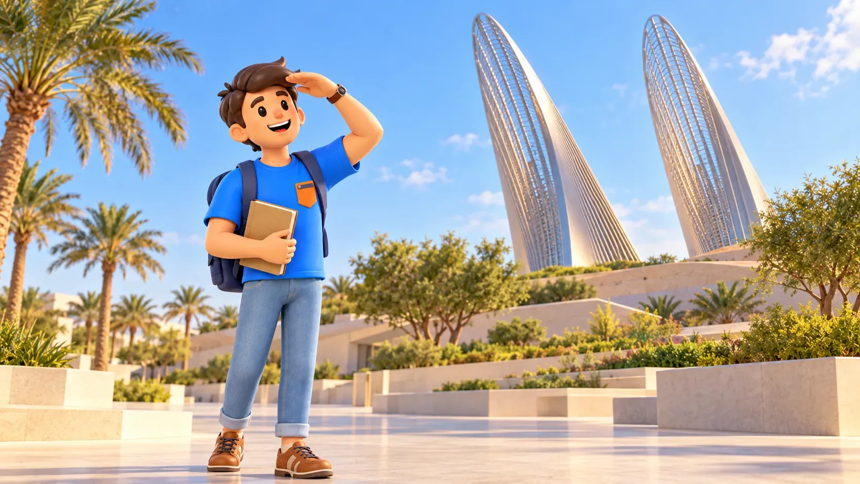 Ein Reisender an einer künstlerischen Teilansicht des Zayed National Museum