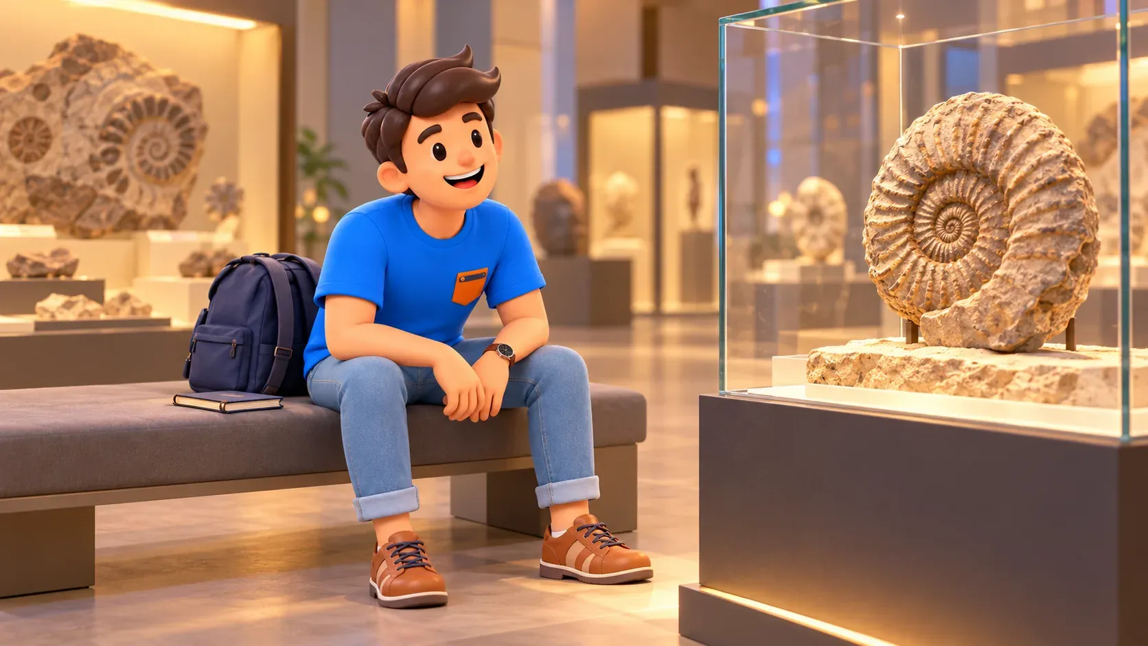 Ein Reisender betrachtet ein Fossil in einer illustrierten Naturkundemuseumsszene