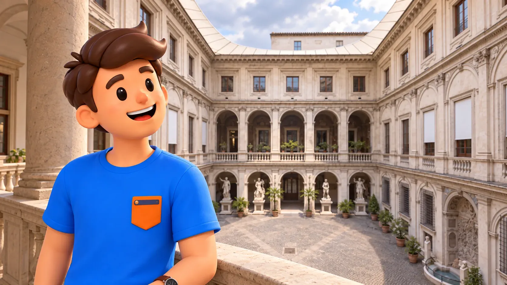A traveller looks from Palazzo Altemps’ upper gallery into its open courtyard with statues